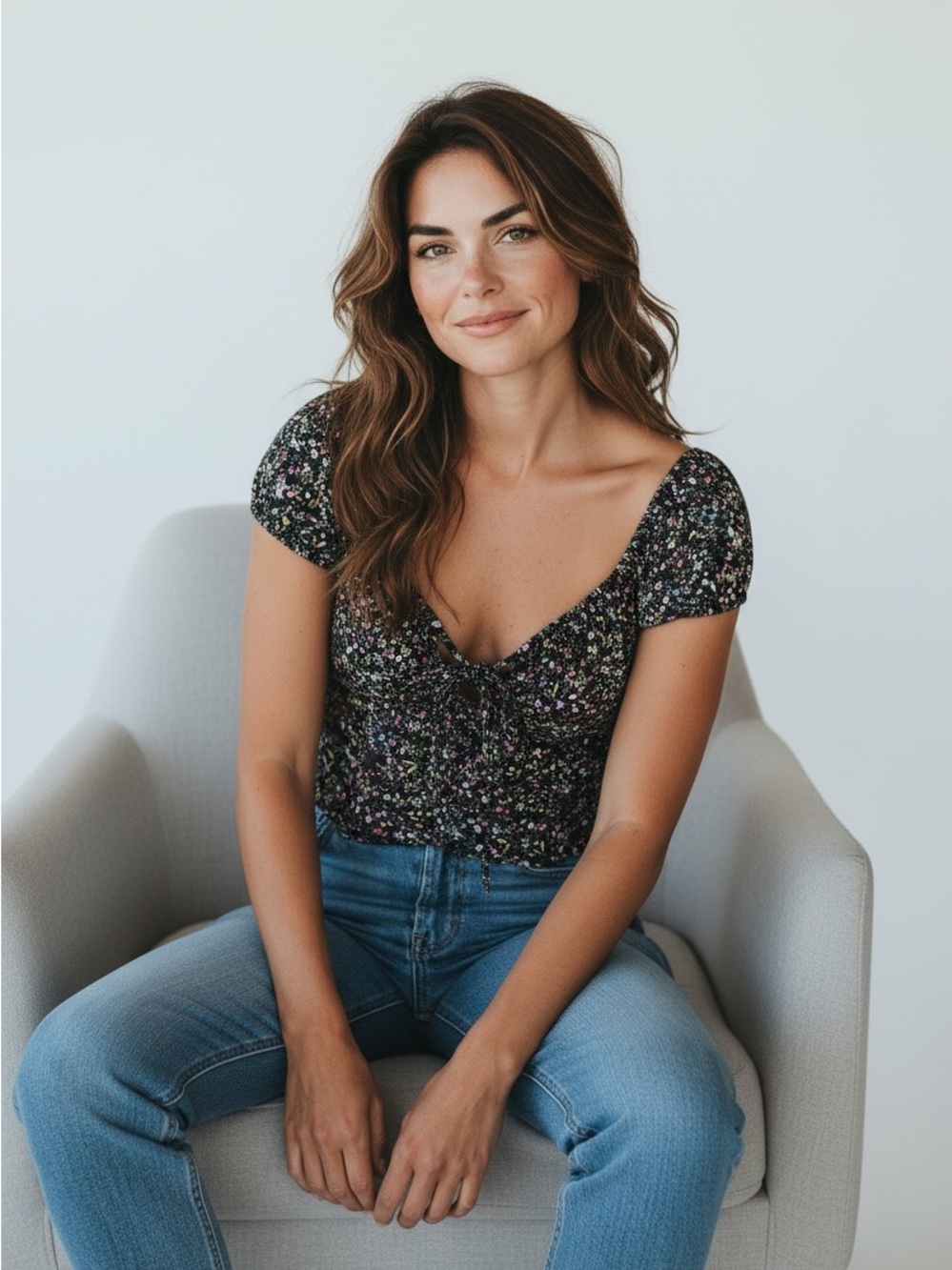 Love Tree Black Floral Scoop Tie-Front Crop Top